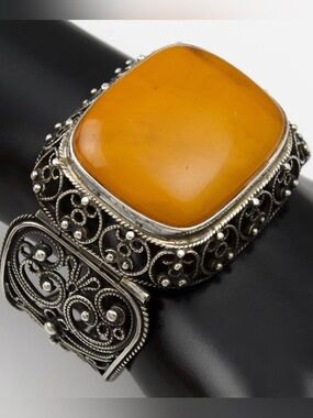 Vintage Amber Sterling Silver Bracelet Large Butterscotch Egg Yolk Stone